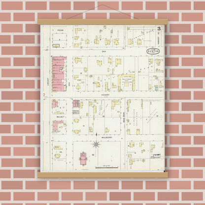 Old map wall art mockup — magnetic wood frame on brick wall — Sanborn Fire Insurance Map from Denton, Denton County, Texas (1896), Sheet #0003