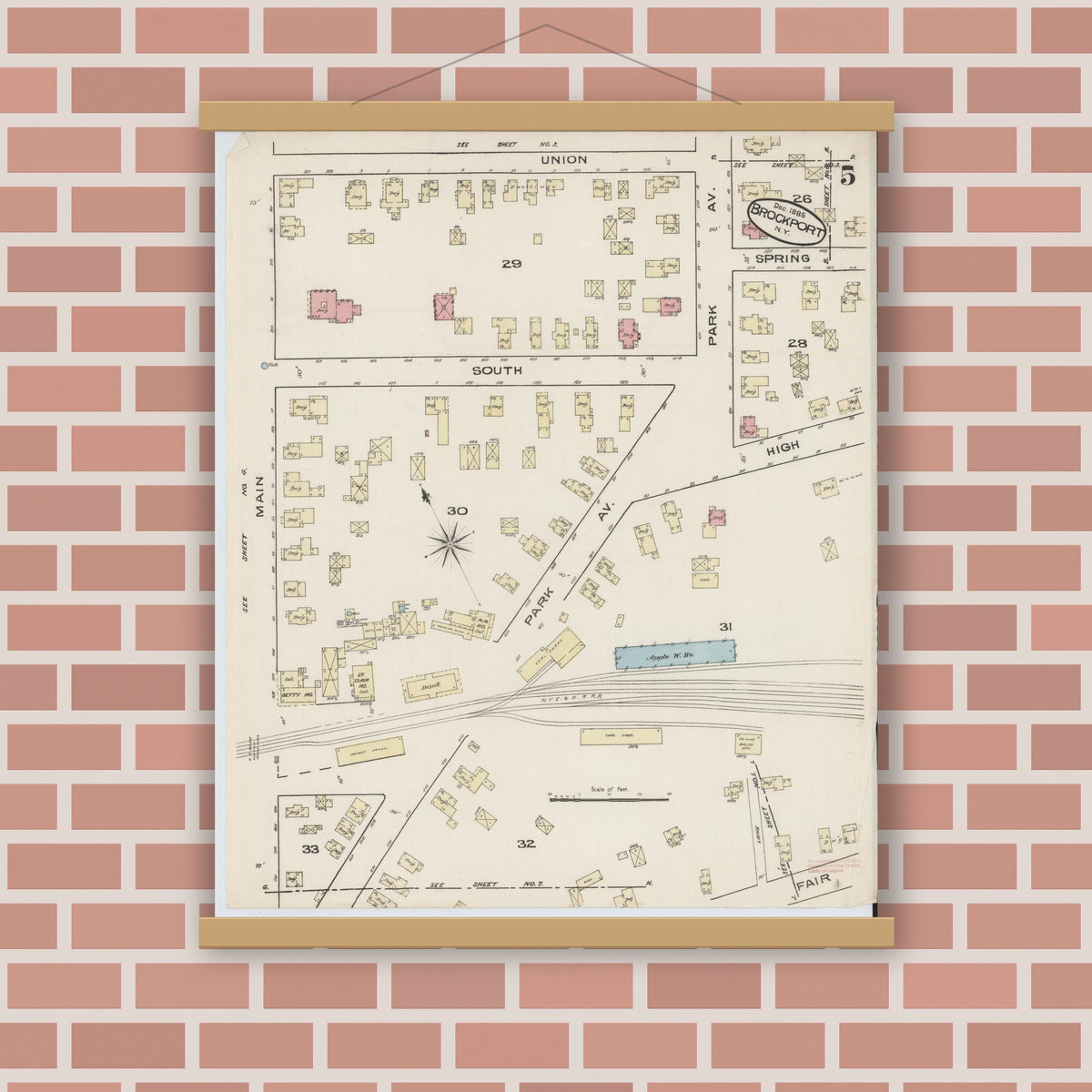 Old map wall art mockup — magnetic wood frame on brick wall — Sanborn Fire Insurance Map from Brockport, Monroe County, New York (1885), Sheet #0005