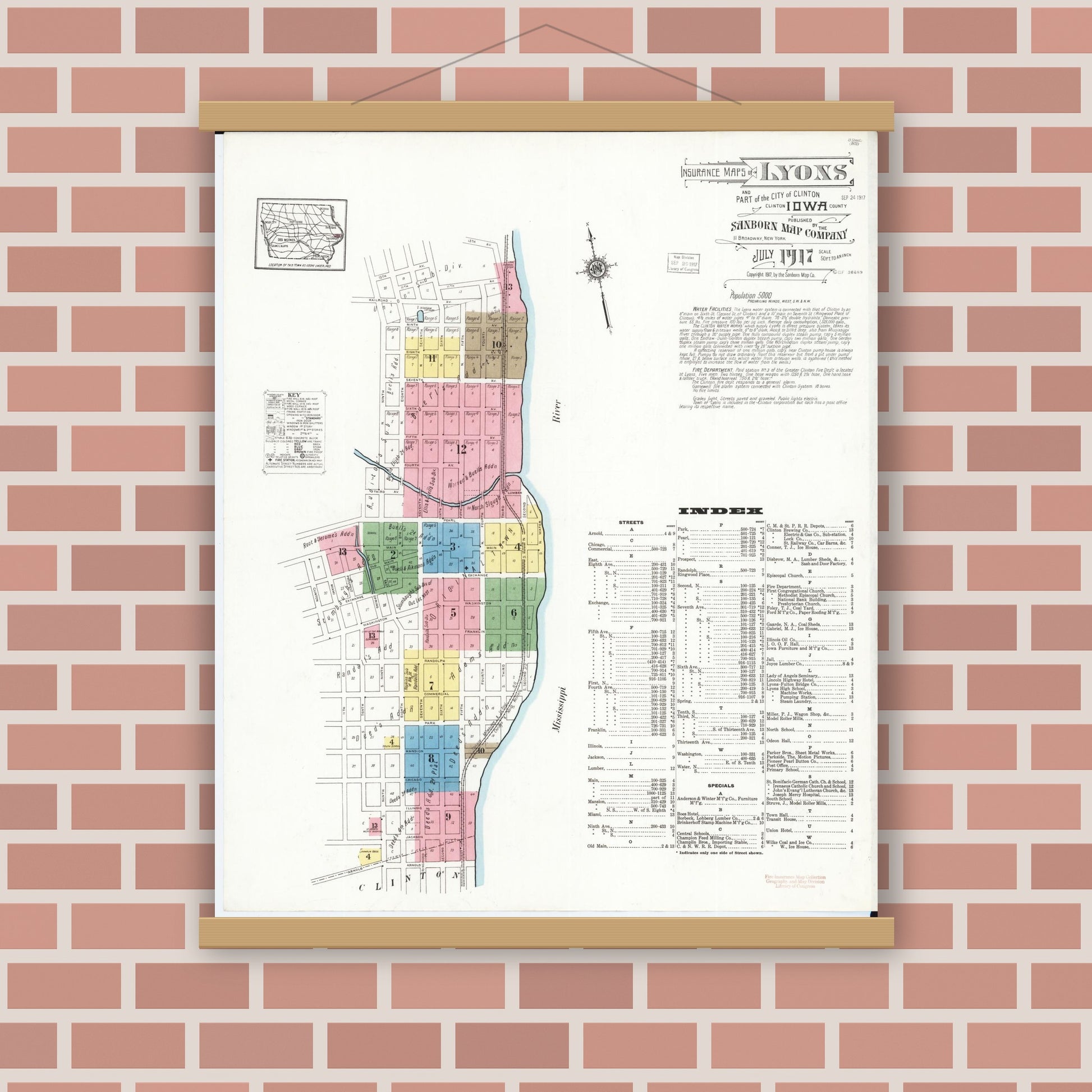 Old map wall art mockup — magnetic wood frame on brick wall — Sanborn Fire Insurance Map from Lyons, Clinton County, Iowa (1917) â€” Complete Set
