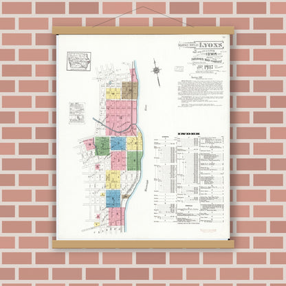 Old map wall art mockup — magnetic wood frame on brick wall — Sanborn Fire Insurance Map from Lyons, Clinton County, Iowa (1917) â€” Complete Set