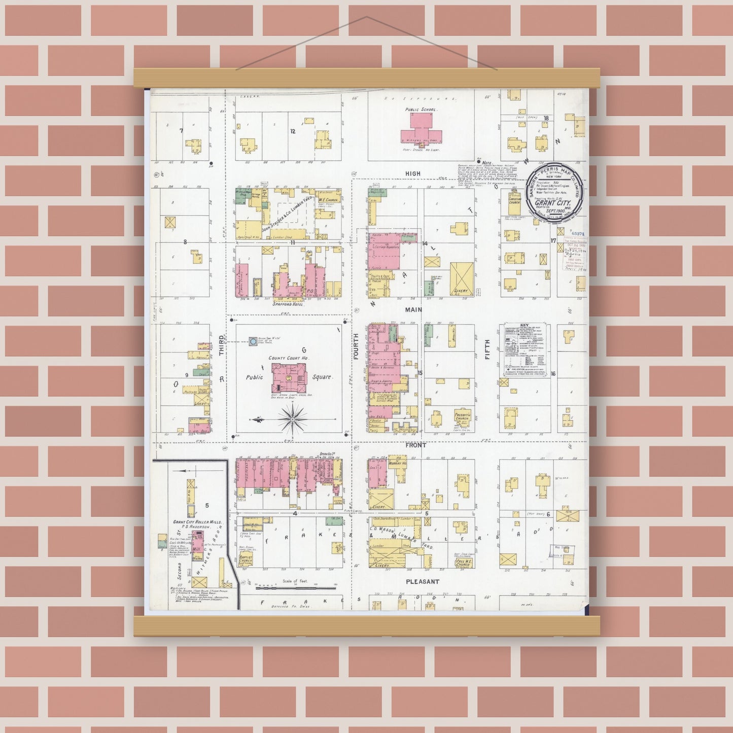 Old map wall art mockup — magnetic wood frame on brick wall — Sanborn Fire Insurance Map from Grant City, Worth County, Missouri (1900), Sheet #0001