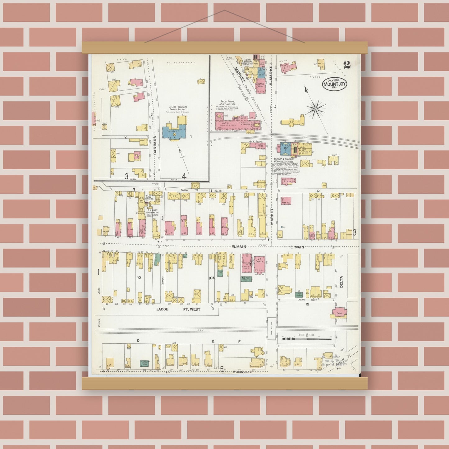 Old map wall art mockup — magnetic wood frame on brick wall — Sanborn Fire Insurance Map from Mount Joy, Lancaster County, Pennsylvania (1902), Sheet #0002