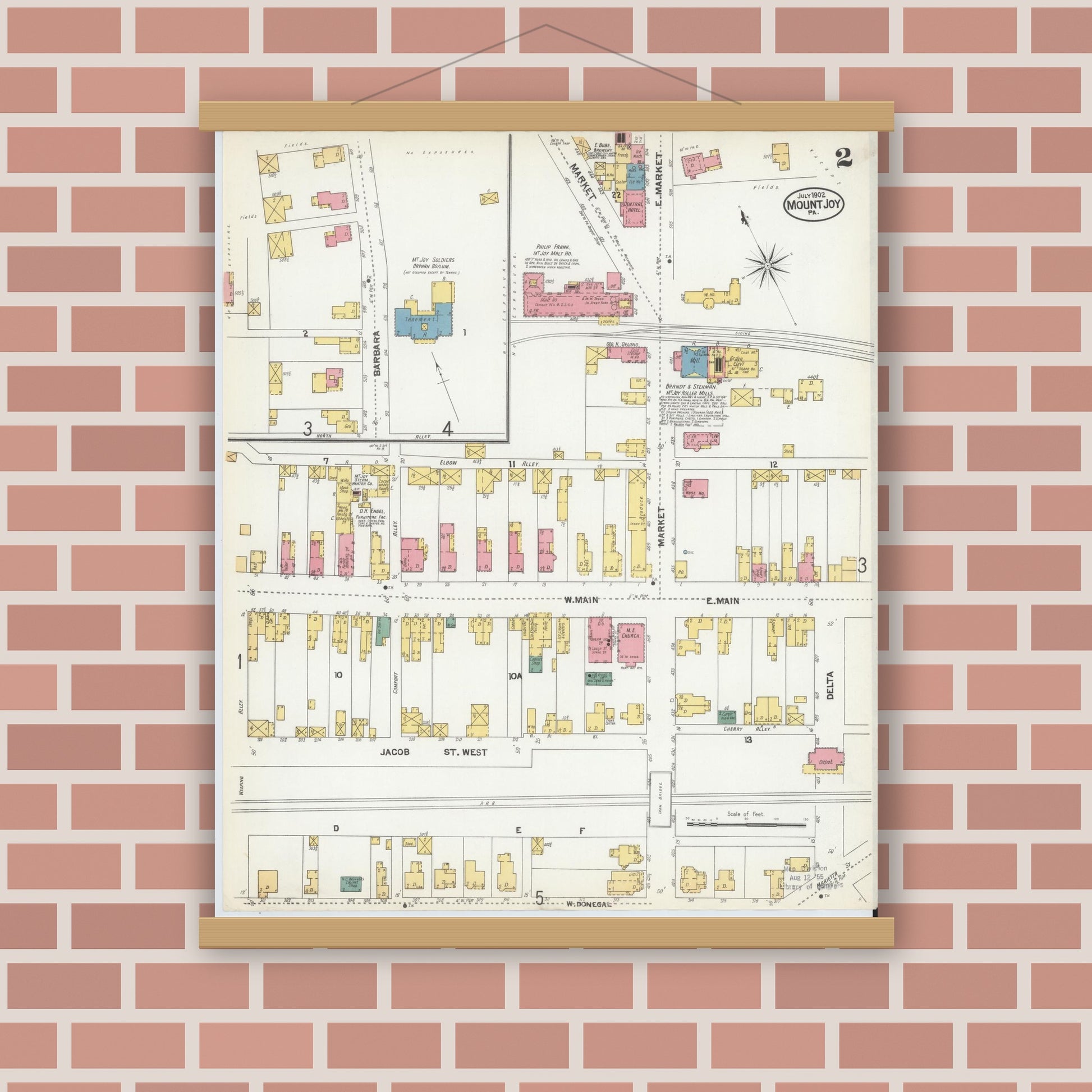 Old map wall art mockup — magnetic wood frame on brick wall — Sanborn Fire Insurance Map from Mount Joy, Lancaster County, Pennsylvania (1902), Sheet #0002