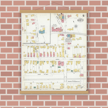 Old map wall art mockup — magnetic wood frame on brick wall — Sanborn Fire Insurance Map from Mount Joy, Lancaster County, Pennsylvania (1902), Sheet #0002