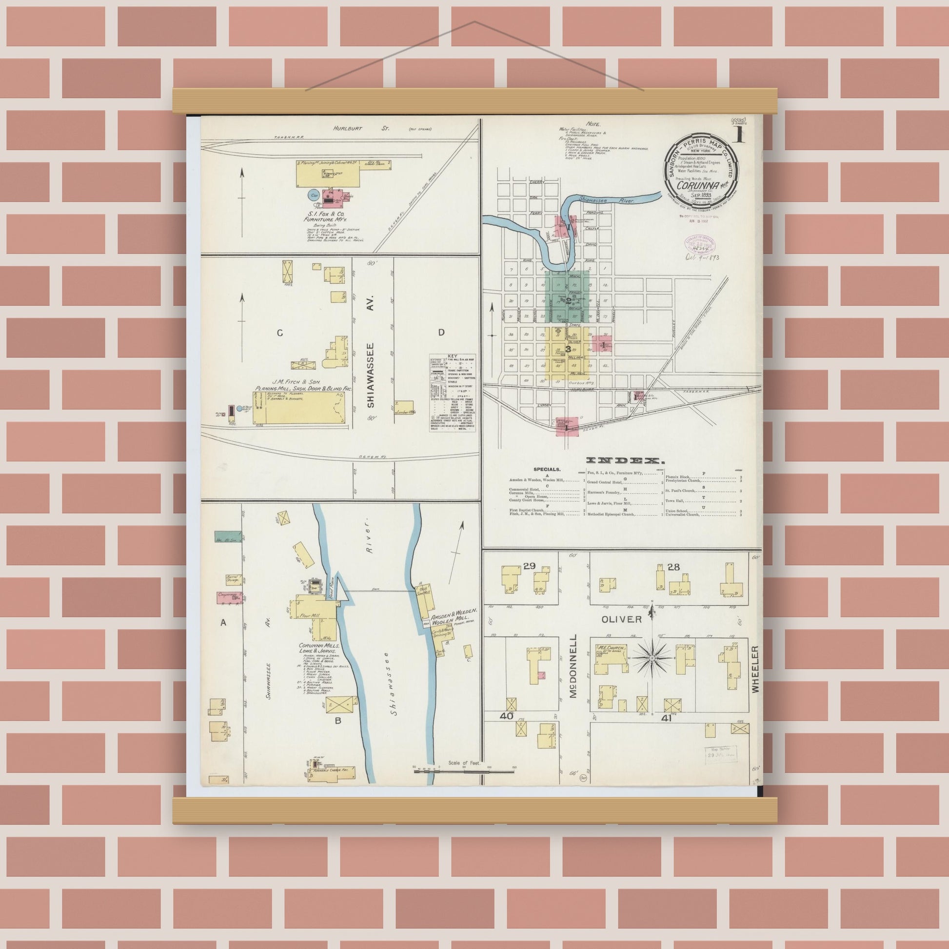 Old map wall art mockup — magnetic wood frame on brick wall — Sanborn Fire Insurance Map from Corunna, Shiawassee County, Michigan (1893), Sheet #0001