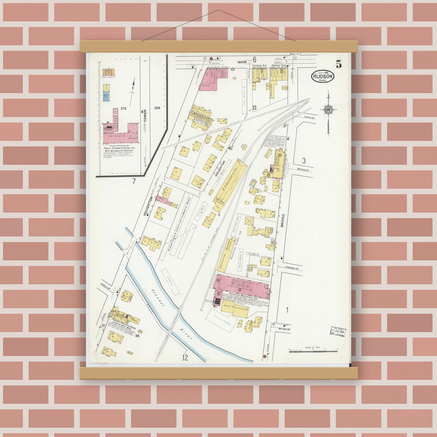 Old map wall art mockup — magnetic wood frame on brick wall — Sanborn Fire Insurance Map from Hudson, Middlesex County, Massachusetts (1916), Sheet #0005