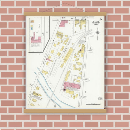 Old map wall art mockup — magnetic wood frame on brick wall — Sanborn Fire Insurance Map from Hudson, Middlesex County, Massachusetts (1916), Sheet #0005