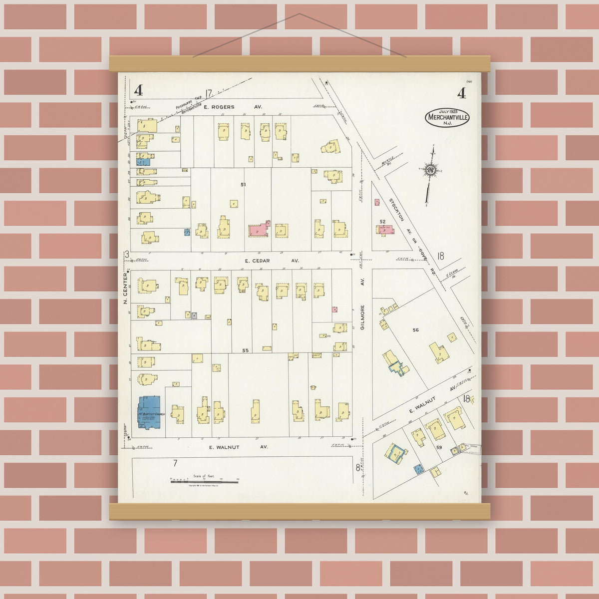 Old map wall art mockup — magnetic wood frame on brick wall — Sanborn Fire Insurance Map from Merchantville, Camden County, New Jersey (1925), Sheet #0004