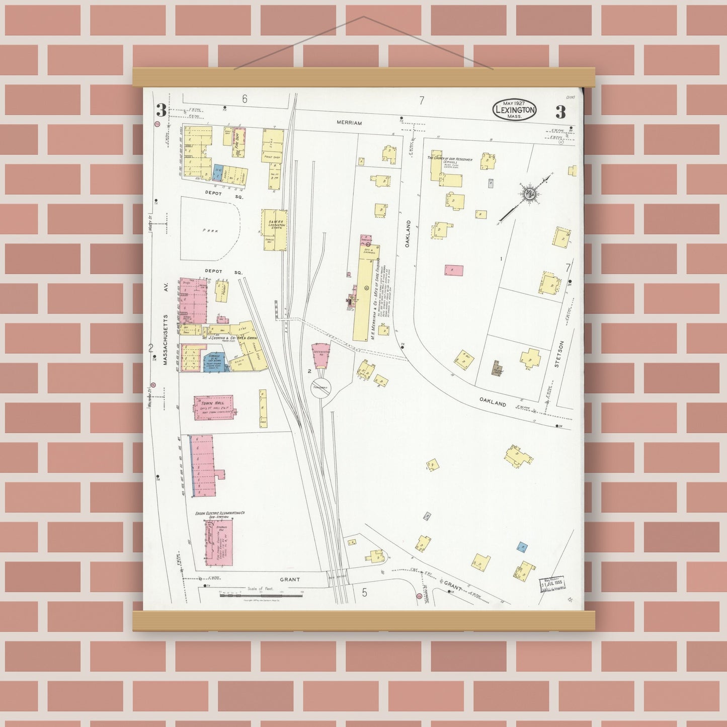 Old map wall art mockup — magnetic wood frame on brick wall — Sanborn Fire Insurance Map from Lexington, Middlesex County, Massachusetts (1927), Sheet #0003