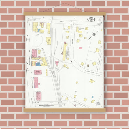 Old map wall art mockup — magnetic wood frame on brick wall — Sanborn Fire Insurance Map from Lexington, Middlesex County, Massachusetts (1927), Sheet #0003