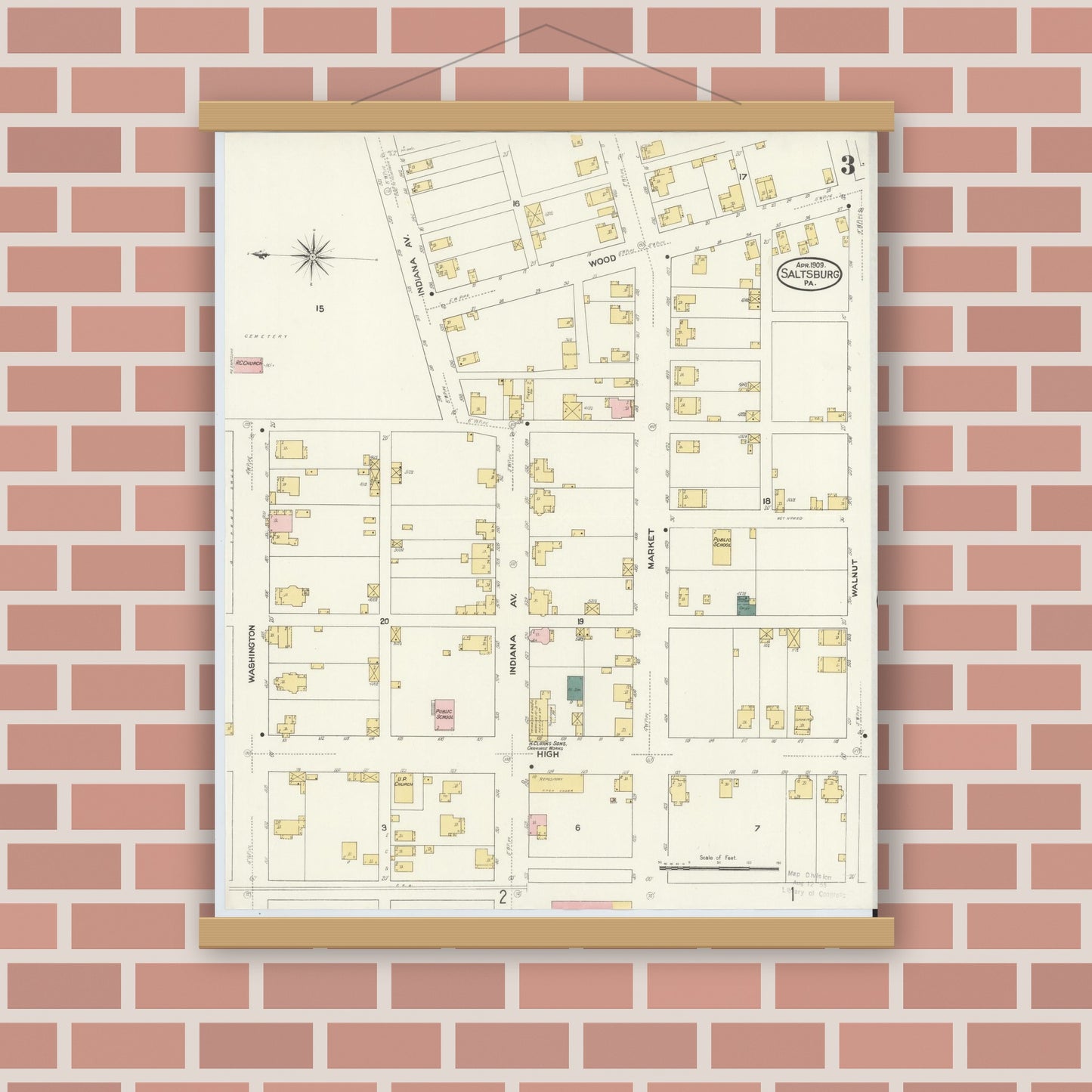 Old map wall art mockup — magnetic wood frame on brick wall — Sanborn Fire Insurance Map from Saltsburg, Indiana County, Pennsylvania (1909), Sheet #0003