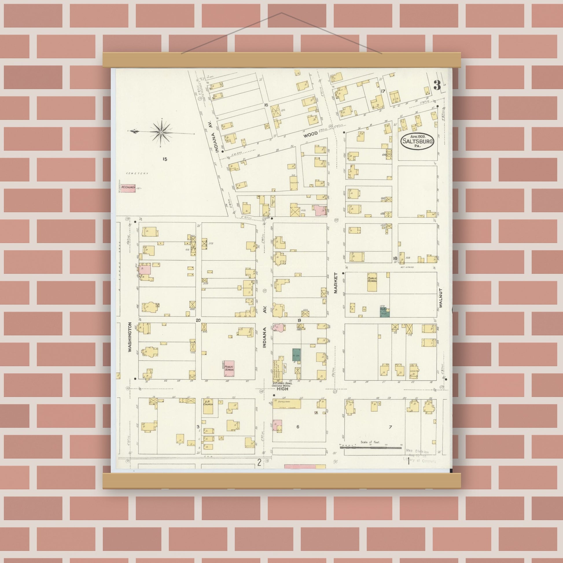 Old map wall art mockup — magnetic wood frame on brick wall — Sanborn Fire Insurance Map from Saltsburg, Indiana County, Pennsylvania (1909), Sheet #0003