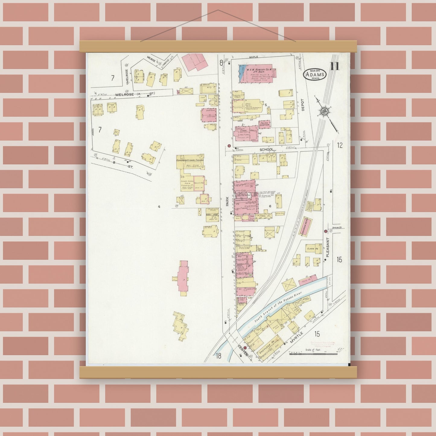 Old map wall art mockup — magnetic wood frame on brick wall — Sanborn Fire Insurance Map from Adams, Berkshire County, Massachusetts (1914), Sheet #0011