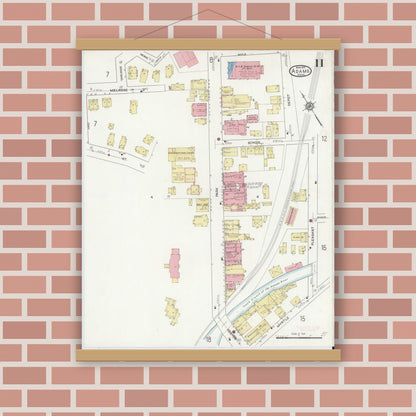 Old map wall art mockup — magnetic wood frame on brick wall — Sanborn Fire Insurance Map from Adams, Berkshire County, Massachusetts (1914), Sheet #0011