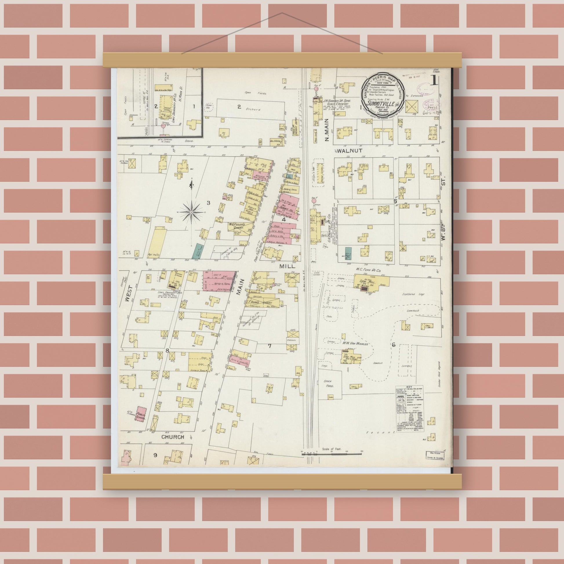 Old map wall art mockup — magnetic wood frame on brick wall — Sanborn Fire Insurance Map from Summitville, Madison County, Indiana (1893) - Complete Map Set