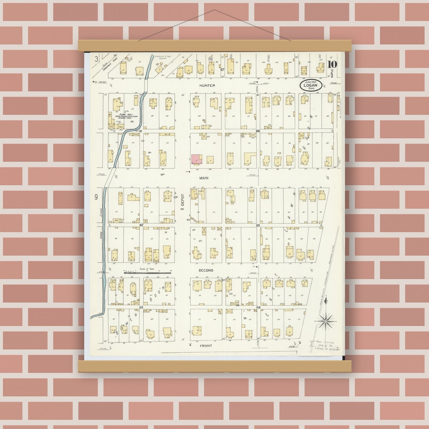 Old map wall art mockup — magnetic wood frame on brick wall — Sanborn Fire Insurance Map from Logan, Hocking County, Ohio (1907), Sheet #0010