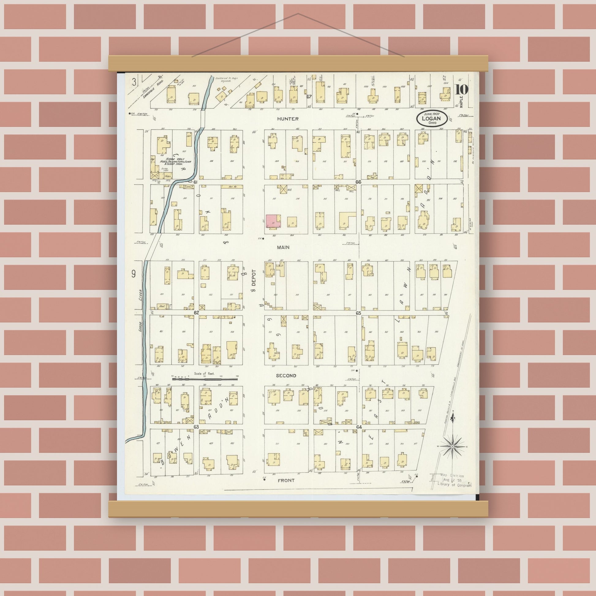 Old map wall art mockup — magnetic wood frame on brick wall — Sanborn Fire Insurance Map from Logan, Hocking County, Ohio (1907), Sheet #0010