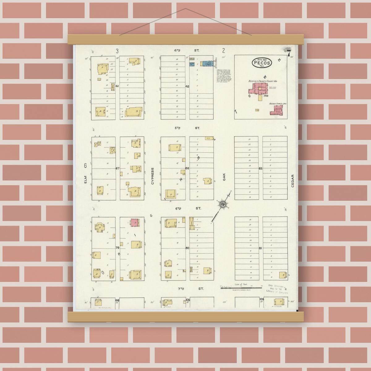 Old map wall art mockup — magnetic wood frame on brick wall — Sanborn Fire Insurance Map from Pecos, Reeves County, Texas (1921), Sheet #0007