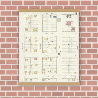 Old map wall art mockup — magnetic wood frame on brick wall — Sanborn Fire Insurance Map from Pecos, Reeves County, Texas (1921), Sheet #0007
