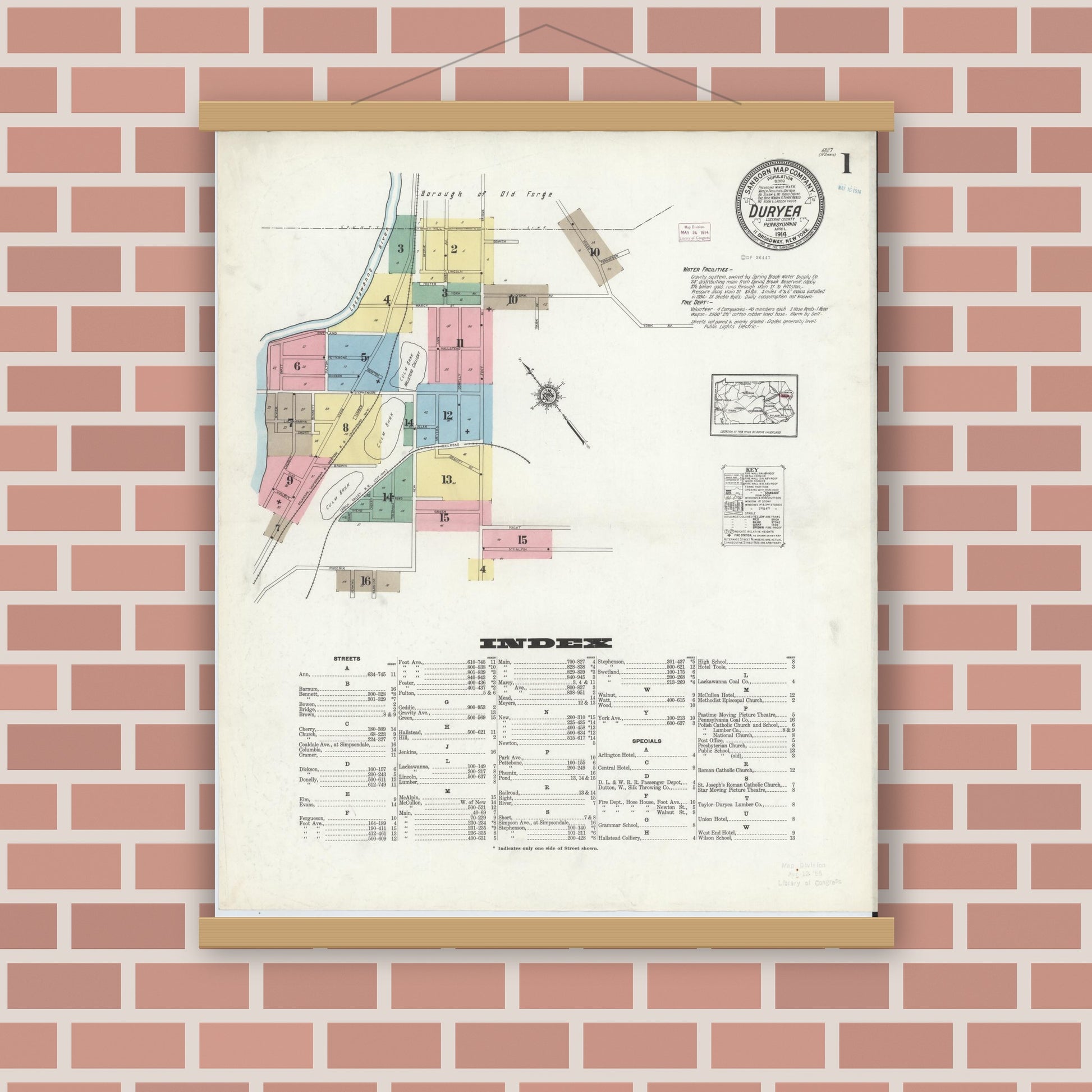 Old map wall art mockup — magnetic wood frame on brick wall — Sanborn Fire Insurance Map from Duryea, Luzerne County, Pennsylvania (1914) - Complete Map Set