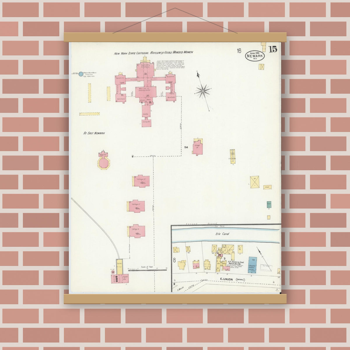Old map wall art mockup — magnetic wood frame on brick wall — Sanborn Fire Insurance Map from Newark, Wayne County, New York (1906), Sheet #0015