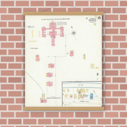 Old map wall art mockup — magnetic wood frame on brick wall — Sanborn Fire Insurance Map from Newark, Wayne County, New York (1906), Sheet #0015