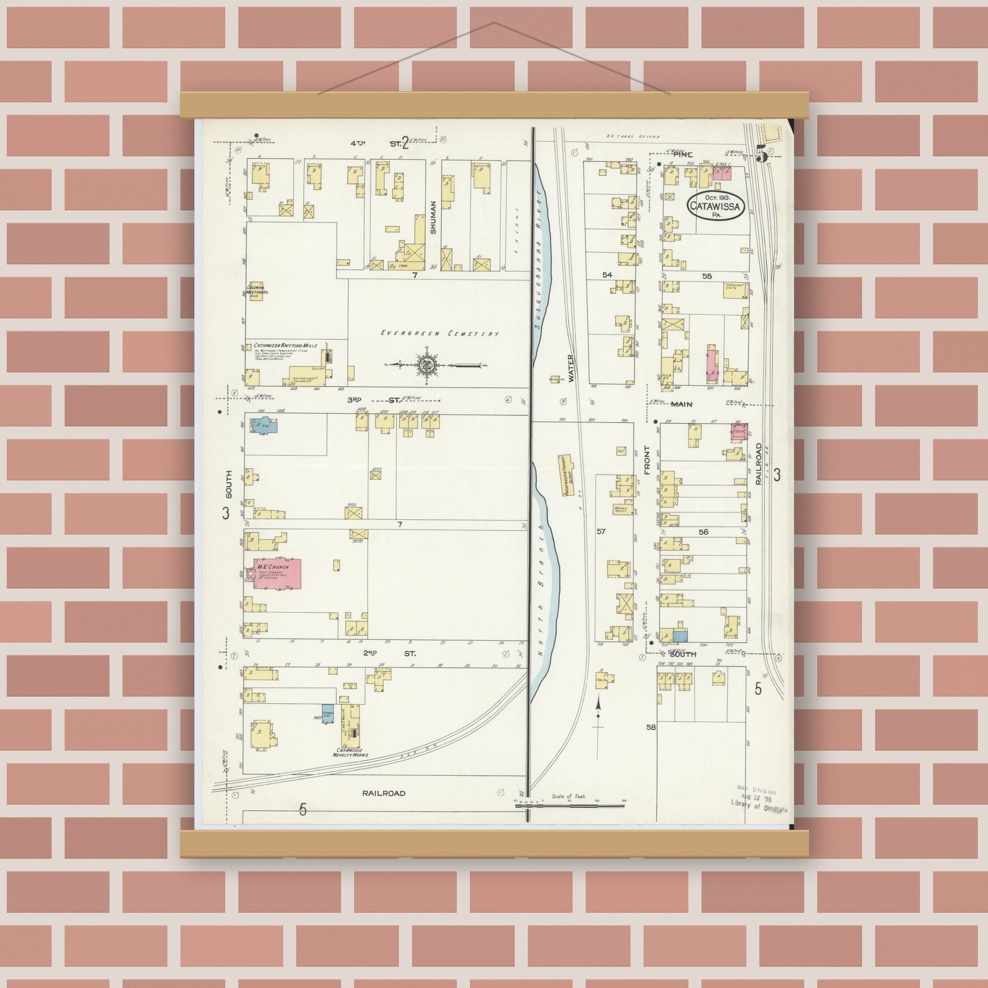 Old map wall art mockup — magnetic wood frame on brick wall — Sanborn Fire Insurance Map from Catawissa, Columbia County, Pennsylvania (1913), Sheet #0005