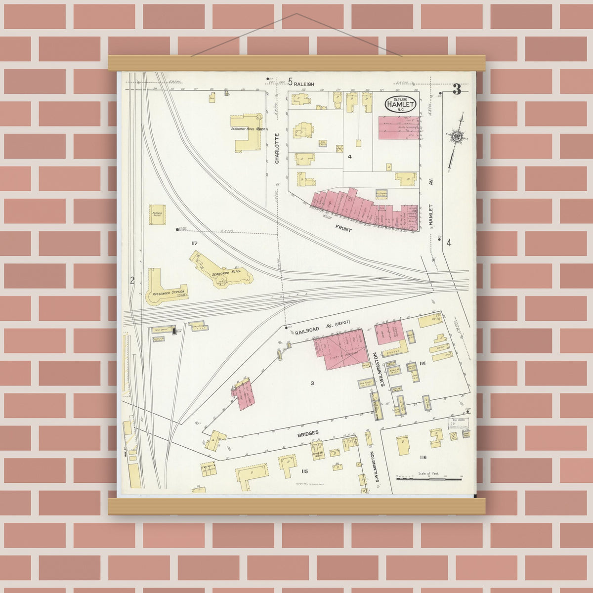 Old map wall art mockup — magnetic wood frame on brick wall — Sanborn Fire Insurance Map from Hamlet, Richmond County, North Carolina (1916), Sheet #0003