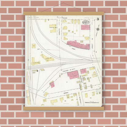 Old map wall art mockup — magnetic wood frame on brick wall — Sanborn Fire Insurance Map from Hamlet, Richmond County, North Carolina (1916), Sheet #0003
