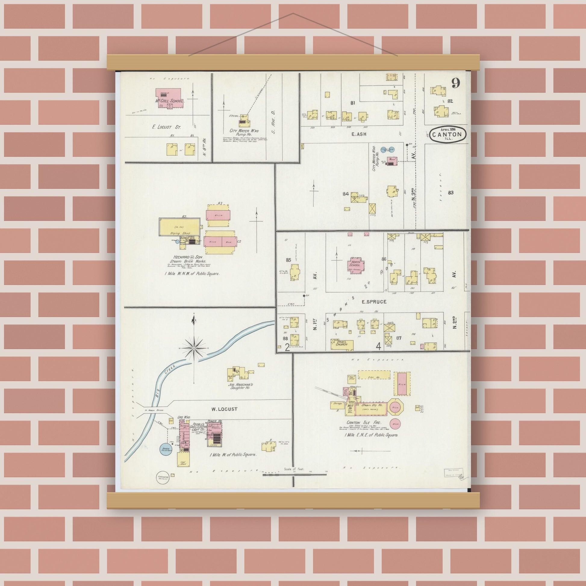 Old map wall art mockup — magnetic wood frame on brick wall — Sanborn Fire Insurance Map from Canton, Fulton County, Illinois (1896), Sheet #0009