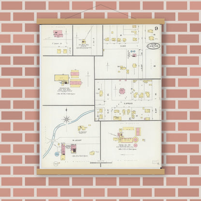 Old map wall art mockup — magnetic wood frame on brick wall — Sanborn Fire Insurance Map from Canton, Fulton County, Illinois (1896), Sheet #0009