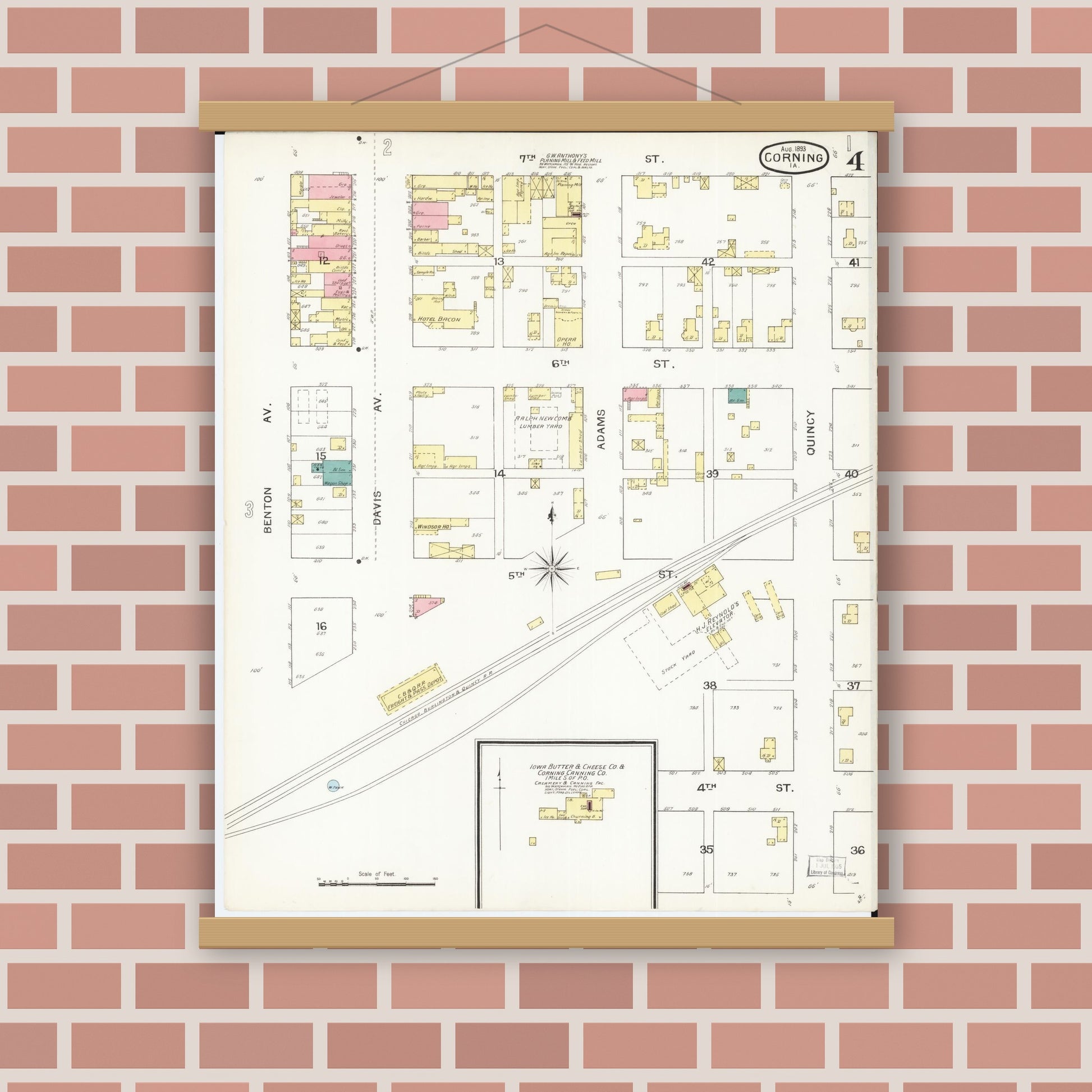 Old map wall art mockup — magnetic wood frame on brick wall — Sanborn Fire Insurance Map from Corning, Adams County, Iowa (1893), Sheet #0004