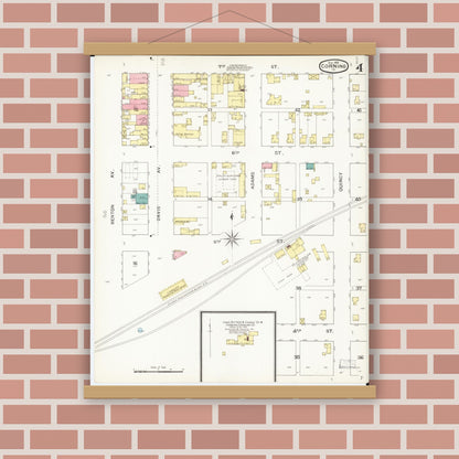 Old map wall art mockup — magnetic wood frame on brick wall — Sanborn Fire Insurance Map from Corning, Adams County, Iowa (1893), Sheet #0004