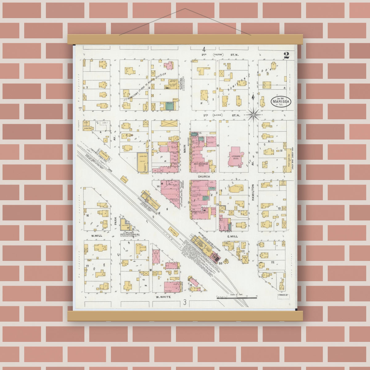 Old map wall art mockup — magnetic wood frame on brick wall — Sanborn Fire Insurance Map from Marissa, Saint Clair County, Illinois (1906), Sheet #0002