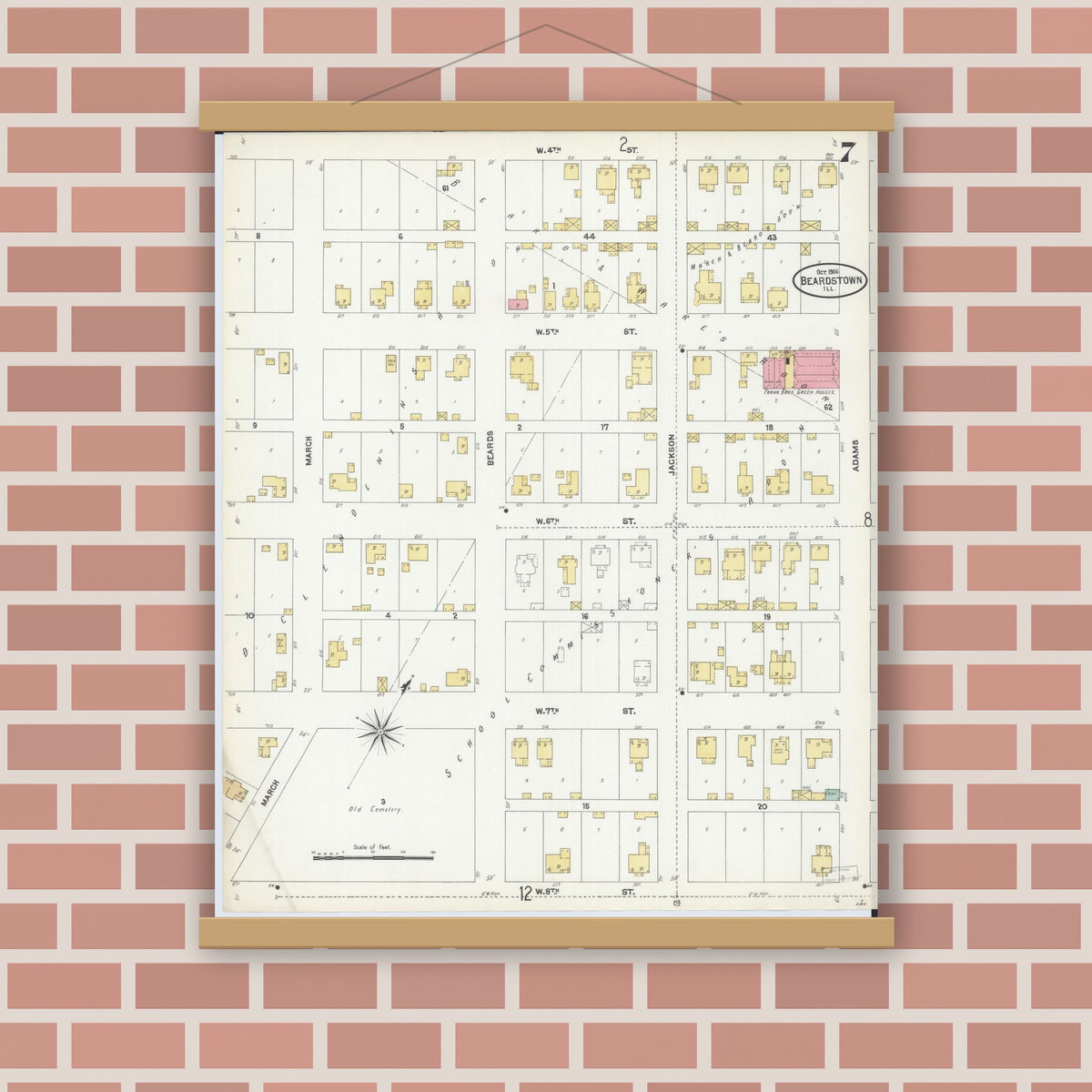 Old map wall art mockup — magnetic wood frame on brick wall — Sanborn Fire Insurance Map from Beardstown, Cass County, Illinois (1906), Sheet #0007