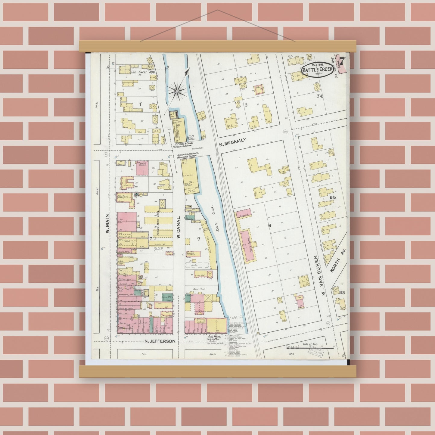Old map wall art mockup — magnetic wood frame on brick wall — Sanborn Fire Insurance Map from Battle Creek, Calhoun County, Michigan (1892), Sheet #0007