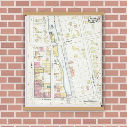 Old map wall art mockup — magnetic wood frame on brick wall — Sanborn Fire Insurance Map from Battle Creek, Calhoun County, Michigan (1892), Sheet #0007