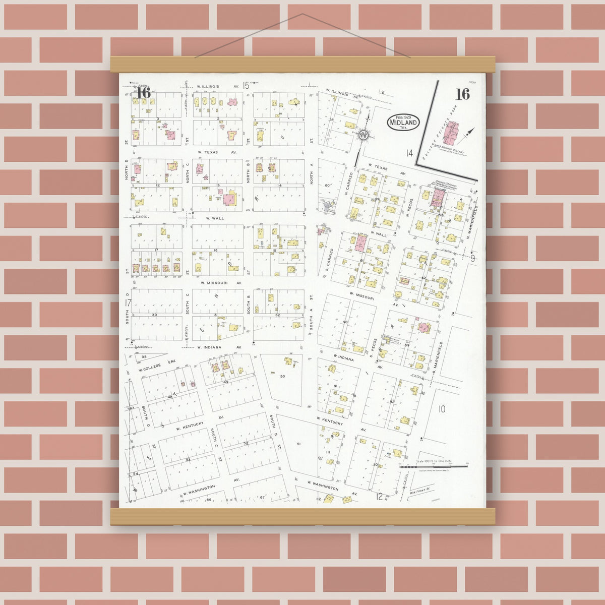 Old map wall art mockup — magnetic wood frame on brick wall — Sanborn Fire Insurance Map from Midland, Midland County, Texas (1929), Sheet #0016