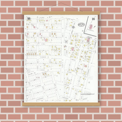 Old map wall art mockup — magnetic wood frame on brick wall — Sanborn Fire Insurance Map from Midland, Midland County, Texas (1929), Sheet #0016