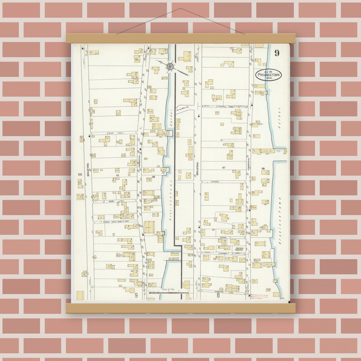 Old map wall art mockup — magnetic wood frame on brick wall — Sanborn Fire Insurance Map from Provincetown, Barnstable County, Massachusetts (1912), Sheet #0009