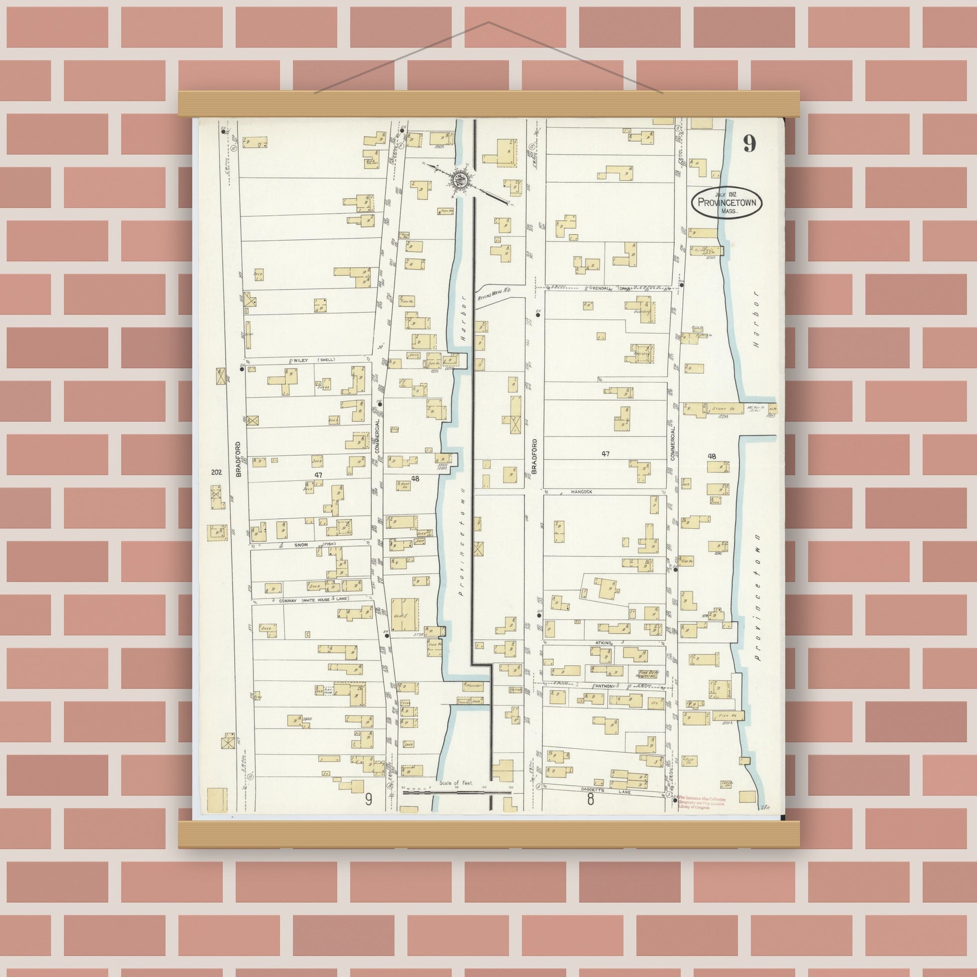 Old map wall art mockup — magnetic wood frame on brick wall — Sanborn Fire Insurance Map from Provincetown, Barnstable County, Massachusetts (1912), Sheet #0009