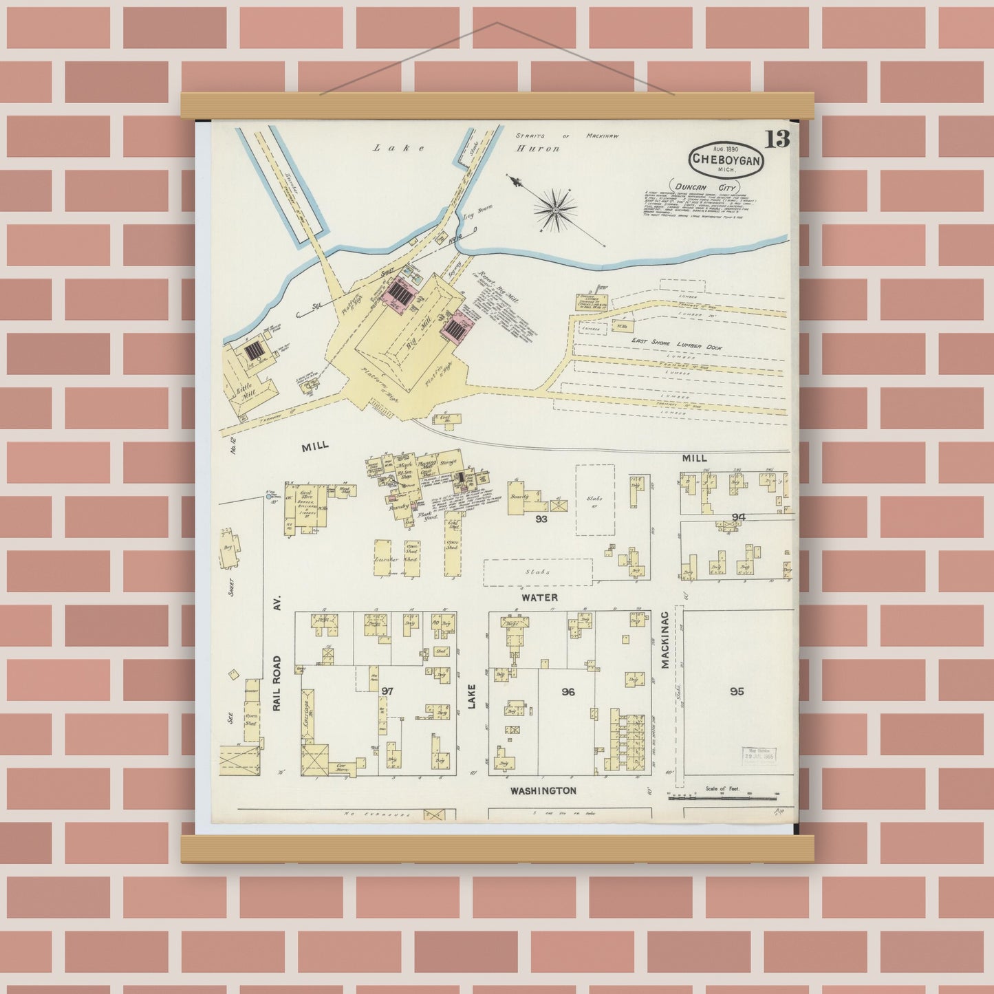 Old map wall art mockup — magnetic wood frame on brick wall — Sanborn Fire Insurance Map from Cheboygan, Cheboygan County, Michigan (1890), Sheet #0013