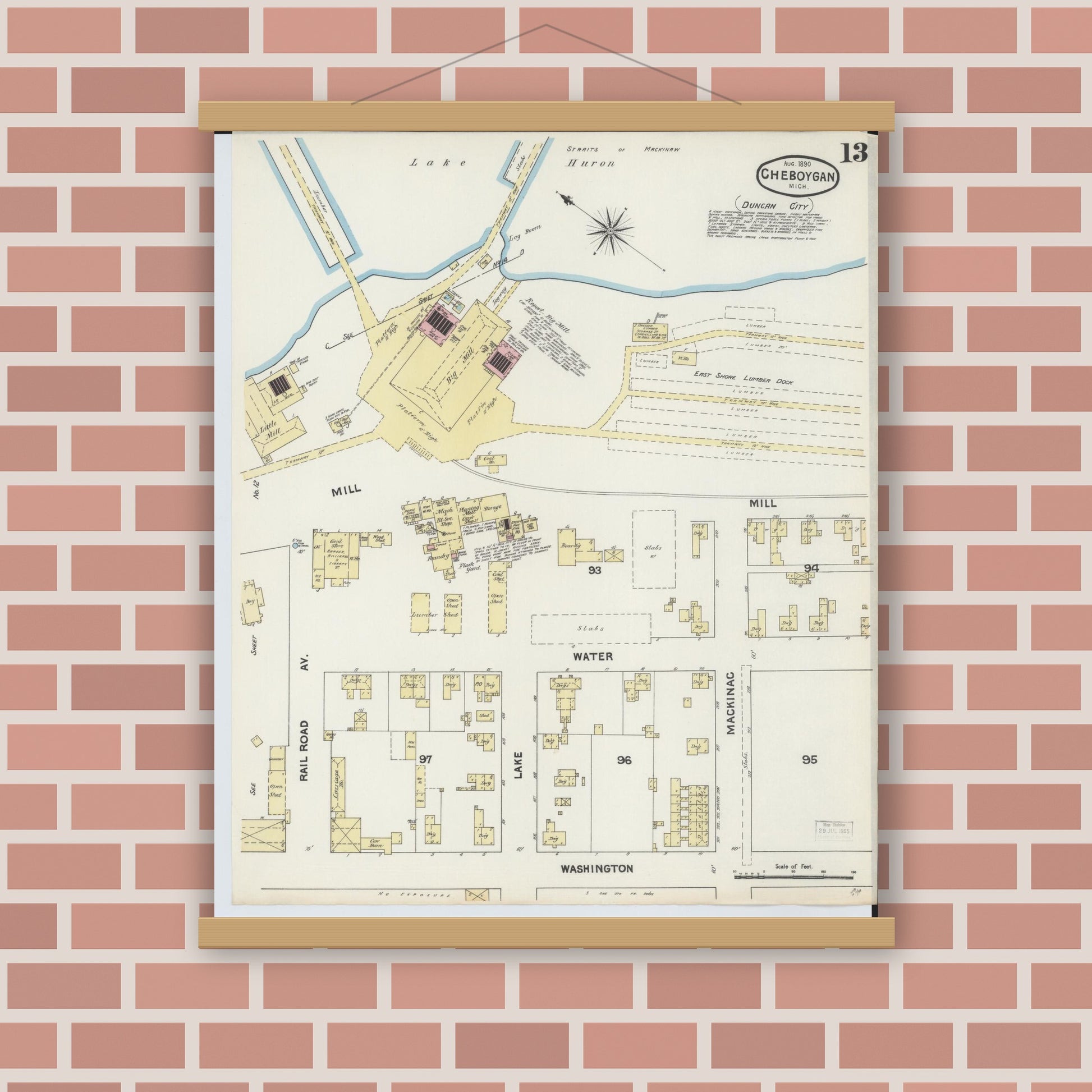 Old map wall art mockup — magnetic wood frame on brick wall — Sanborn Fire Insurance Map from Cheboygan, Cheboygan County, Michigan (1890), Sheet #0013