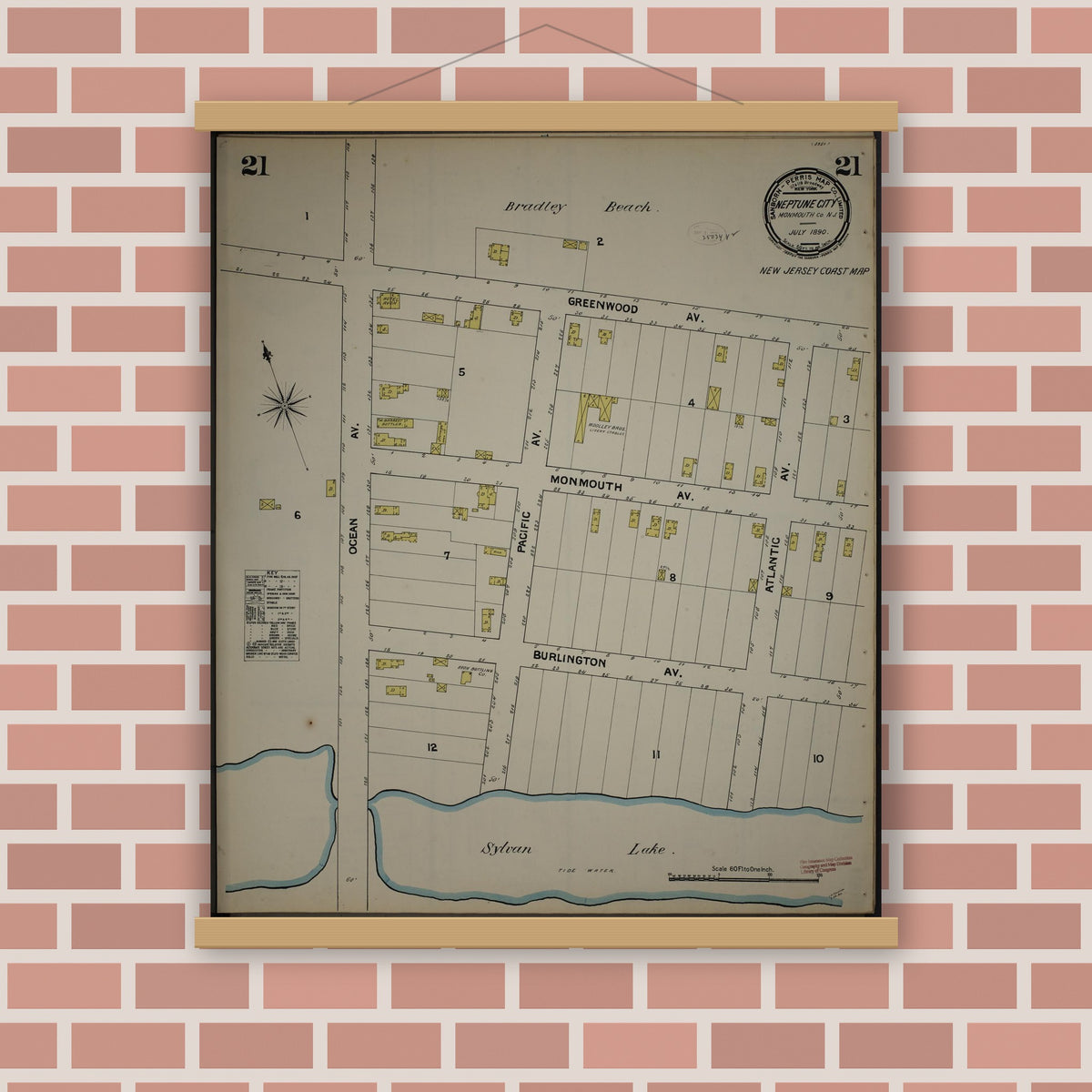 Old map wall art mockup — magnetic wood frame on brick wall — Sanborn Fire Insurance Map from New Jersey Coast, New Jersey Coast, New Jersey (1890), Sheet #0021