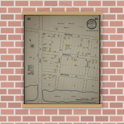 Old map wall art mockup — magnetic wood frame on brick wall — Sanborn Fire Insurance Map from New Jersey Coast, New Jersey Coast, New Jersey (1890), Sheet #0021