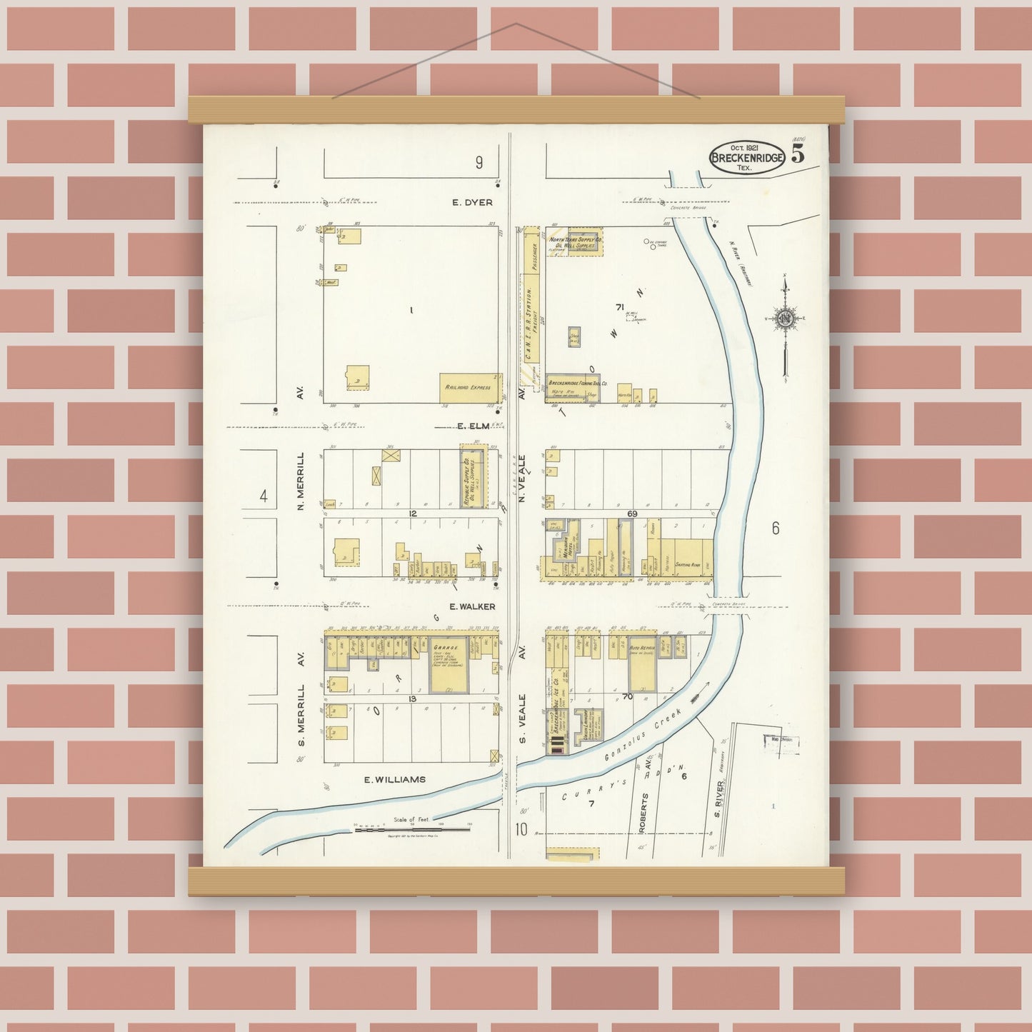 Old map wall art mockup — magnetic wood frame on brick wall — Sanborn Fire Insurance Map from Breckenridge, Stephens County, Texas (1921), Sheet #0005
