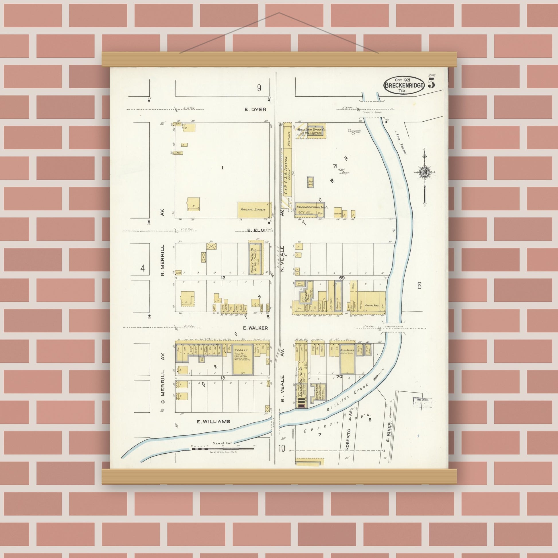 Old map wall art mockup — magnetic wood frame on brick wall — Sanborn Fire Insurance Map from Breckenridge, Stephens County, Texas (1921), Sheet #0005