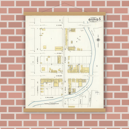 Old map wall art mockup — magnetic wood frame on brick wall — Sanborn Fire Insurance Map from Breckenridge, Stephens County, Texas (1921), Sheet #0005
