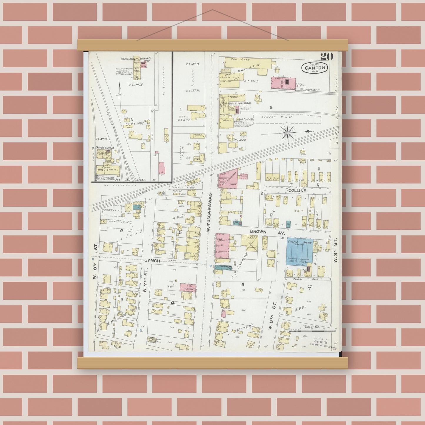 Old map wall art mockup — magnetic wood frame on brick wall — Sanborn Fire Insurance Map from Canton, Stark County, Ohio (1891), Sheet #0020