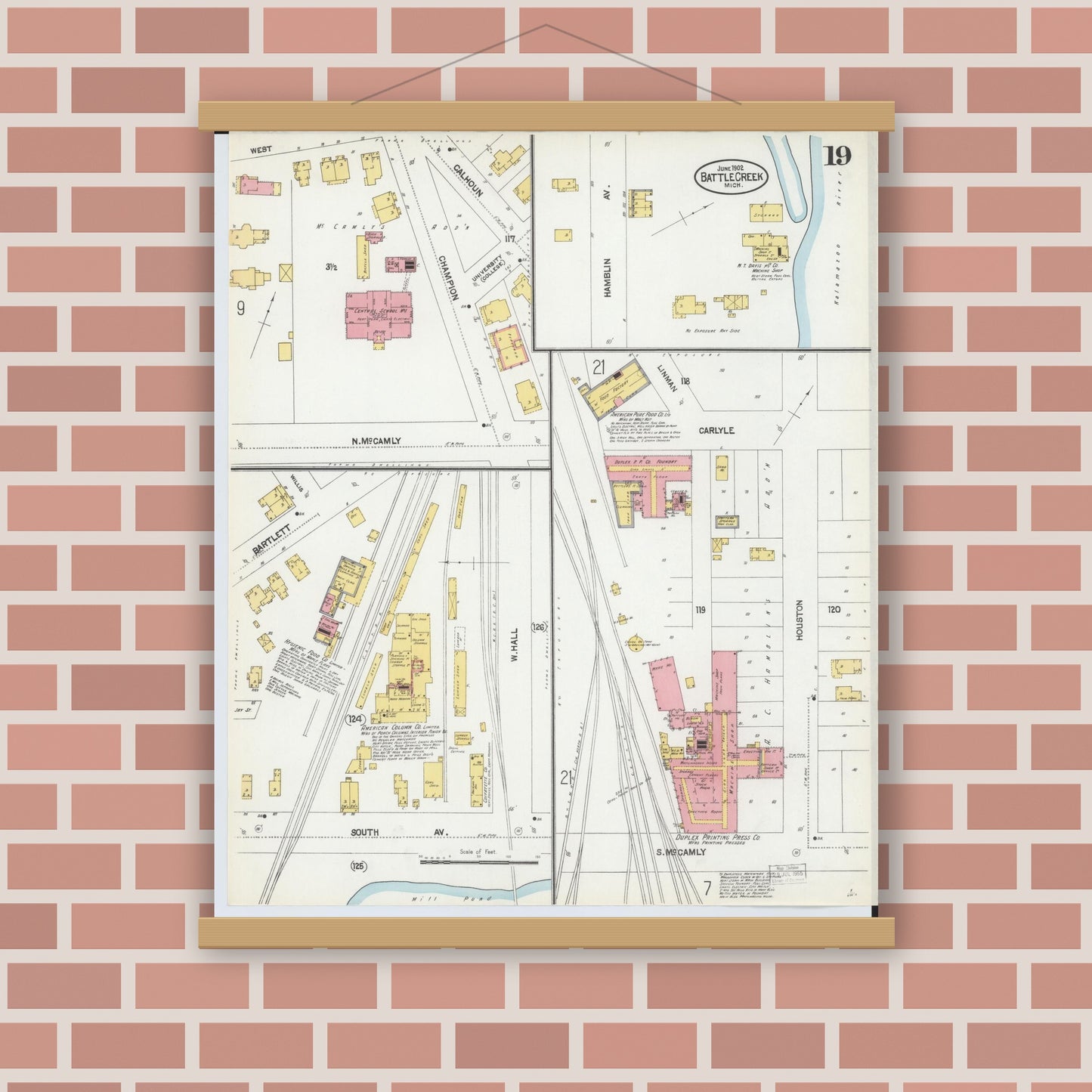 Old map wall art mockup — magnetic wood frame on brick wall — Sanborn Fire Insurance Map from Battle Creek, Calhoun County, Michigan (1902), Sheet #0019